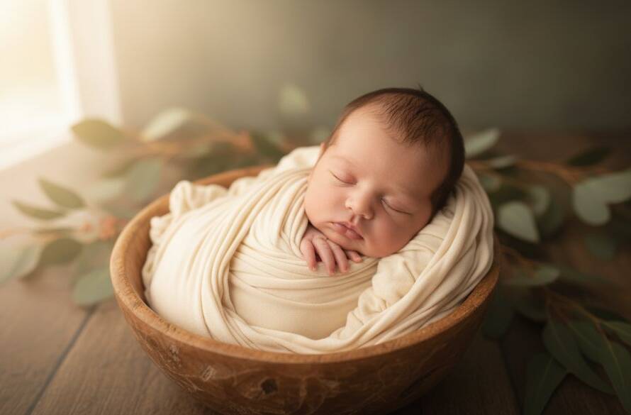 A heartwarming, epic moment photograph of a newborn baby gently swaddled in soft, earthy tones, nestled in a delicate wicker basket amidst a sun-dappled, natural outdoor setting in Croydon North, Victoria. The scene evokes peaceful serenity with a dramatic, soft-focus background of native Australian flora, capturing Croydon North newborn photography precious moments with professional lighting and warm, cinematic colour grading.