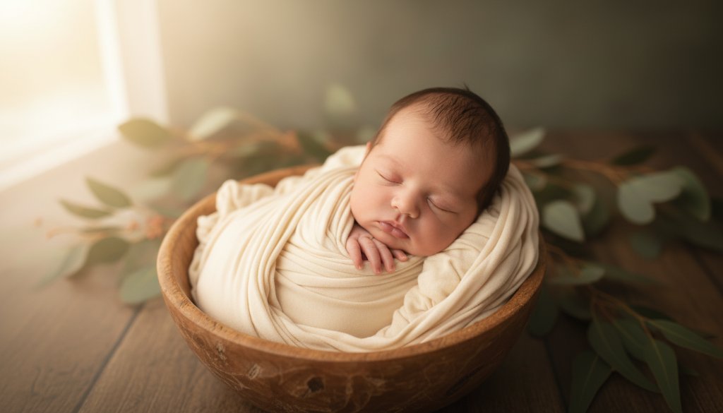 A heartwarming, epic moment photograph of a newborn baby gently swaddled in soft, earthy tones, nestled in a delicate wicker basket amidst a sun-dappled, natural outdoor setting in Croydon North, Victoria. The scene evokes peaceful serenity with a dramatic, soft-focus background of native Australian flora, capturing Croydon North newborn photography precious moments with professional lighting and warm, cinematic colour grading.