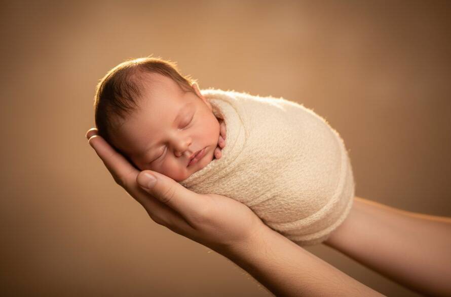 A heartwarming, professional portrait capturing a tiny baby nestled peacefully in soft wraps, surrounded by gentle, natural light in a warm studio setting in Croydon North, representing expert newborn photography preserving early moments.