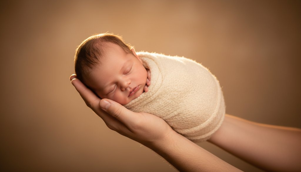A heartwarming, professional portrait capturing a tiny baby nestled peacefully in soft wraps, surrounded by gentle, natural light in a warm studio setting in Croydon North, representing expert newborn photography preserving early moments.