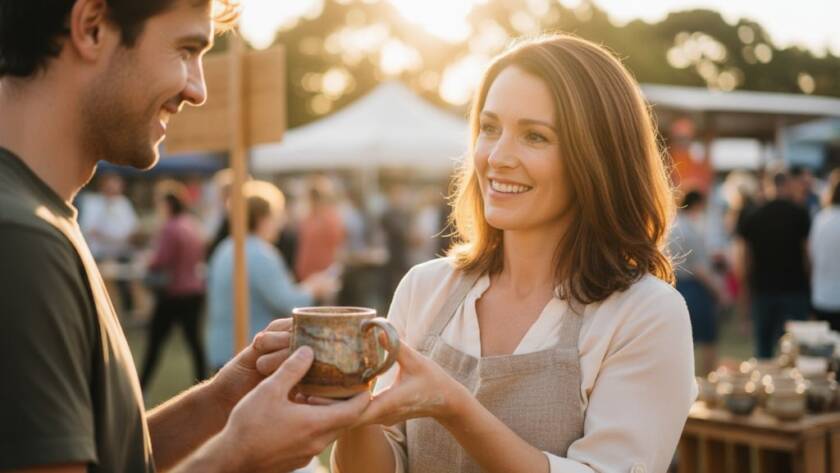 An inspiring "epic moment" photograph showcasing a small business owner in Croydon North, Victoria, interacting passionately with a customer at a local market stall, bathed in warm, golden hour light. This image perfectly encapsulates Croydon North professional branding photography strategies by conveying authenticity and connection.