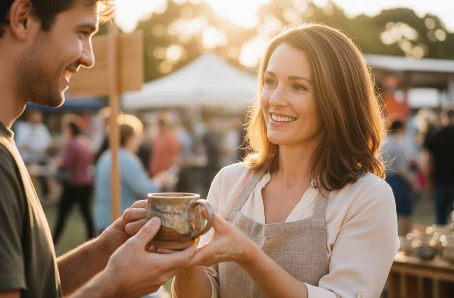 An inspiring "epic moment" photograph showcasing a small business owner in Croydon North, Victoria, interacting passionately with a customer at a local market stall, bathed in warm, golden hour light. This image perfectly encapsulates Croydon North professional branding photography strategies by conveying authenticity and connection.