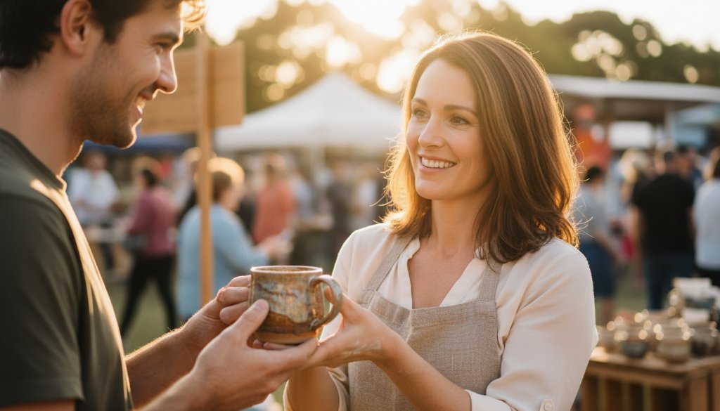 An inspiring "epic moment" photograph showcasing a small business owner in Croydon North, Victoria, interacting passionately with a customer at a local market stall, bathed in warm, golden hour light. This image perfectly encapsulates Croydon North professional branding photography strategies by conveying authenticity and connection.