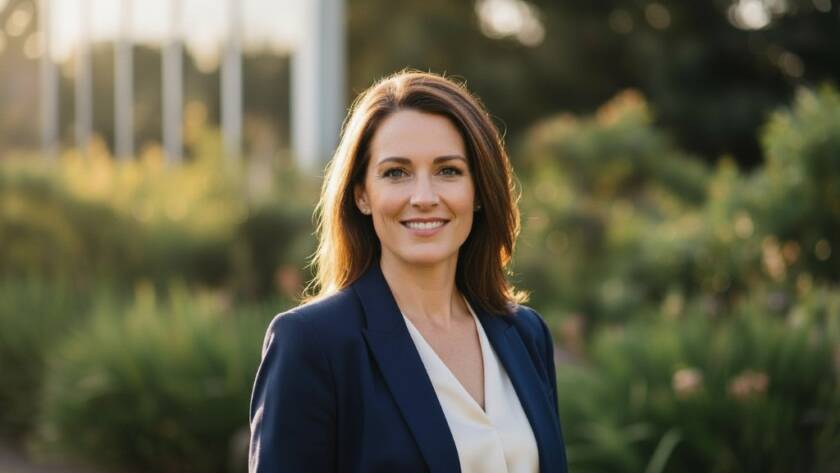 A captivating Croydon North professional headshots portrait of a confident female entrepreneur, smiling genuinely in natural light with a modern, blurred urban background, showcasing her authentic personality and approachability.