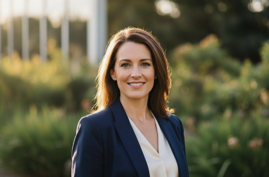 A captivating Croydon North professional headshots portrait of a confident female entrepreneur, smiling genuinely in natural light with a modern, blurred urban background, showcasing her authentic personality and approachability.
