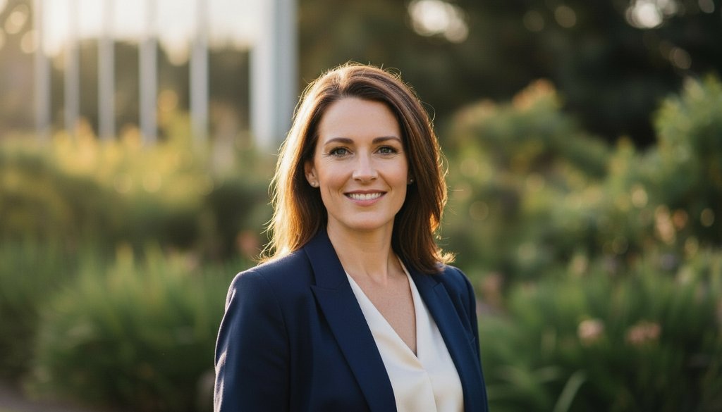 A captivating Croydon North professional headshots portrait of a confident female entrepreneur, smiling genuinely in natural light with a modern, blurred urban background, showcasing her authentic personality and approachability.