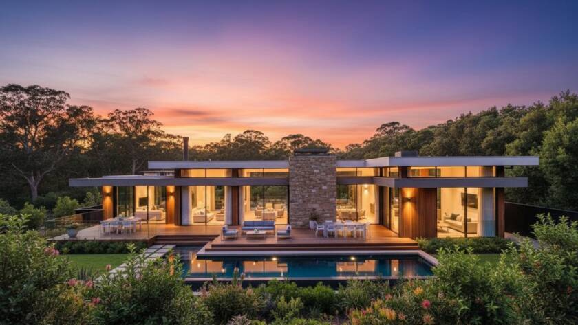 An epic moment shot showcasing a luxurious, modern home in Croydon North, Victoria, with its expansive deck overlooking lush, sun-drenched gardens, perfectly demonstrating how Croydon North real estate photography elevates listings through stunning twilight visuals.