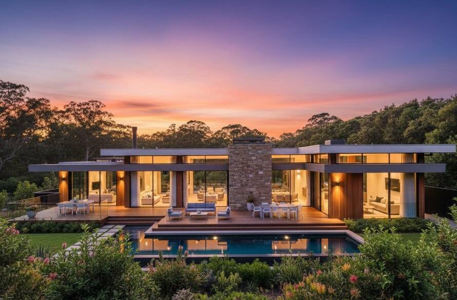 An epic moment shot showcasing a luxurious, modern home in Croydon North, Victoria, with its expansive deck overlooking lush, sun-drenched gardens, perfectly demonstrating how Croydon North real estate photography elevates listings through stunning twilight visuals.
