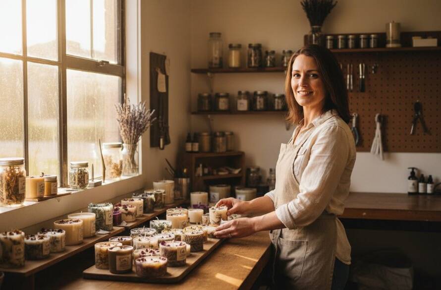 Dynamic wide shot capturing a local artisan in Croydon North showcasing their handcrafted products with a warm, authentic smile, sunlight streaming through an open workshop door, perfectly illustrating Croydon North small business branding photography strategies, professional and inspiring.