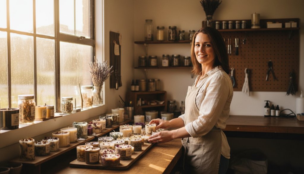 Dynamic wide shot capturing a local artisan in Croydon North showcasing their handcrafted products with a warm, authentic smile, sunlight streaming through an open workshop door, perfectly illustrating Croydon North small business branding photography strategies, professional and inspiring.