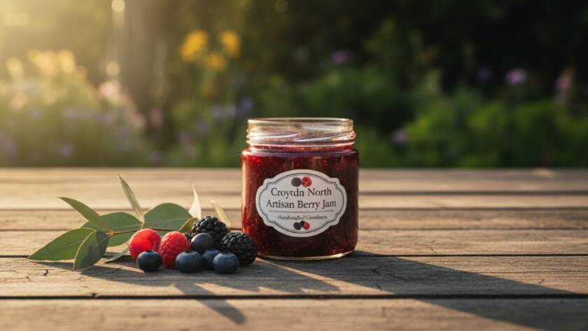 Dramatic shot of a meticulously arranged artisan product, perhaps a handcrafted ceramic mug from a Croydon North small business, bathed in cinematic golden hour light on a rustic wooden table, with the lush, slightly out-of-focus greenery reminiscent of Croydon North's natural surroundings in the background, showcasing expert Croydon North Small Business Product Photography.