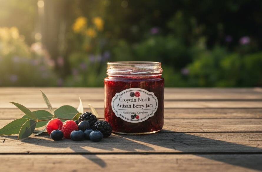 Dramatic shot of a meticulously arranged artisan product, perhaps a handcrafted ceramic mug from a Croydon North small business, bathed in cinematic golden hour light on a rustic wooden table, with the lush, slightly out-of-focus greenery reminiscent of Croydon North's natural surroundings in the background, showcasing expert Croydon North Small Business Product Photography.