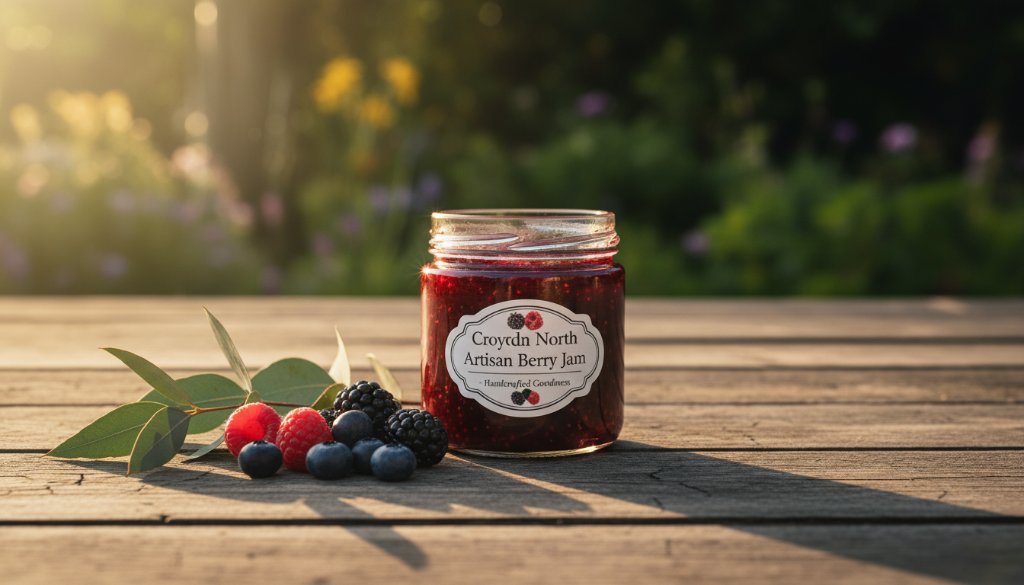 Dramatic shot of a meticulously arranged artisan product, perhaps a handcrafted ceramic mug from a Croydon North small business, bathed in cinematic golden hour light on a rustic wooden table, with the lush, slightly out-of-focus greenery reminiscent of Croydon North's natural surroundings in the background, showcasing expert Croydon North Small Business Product Photography.