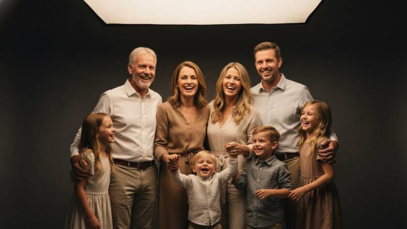 A breathtaking wide shot of a multi-generational family (grandparents, parents, children) laughing genuinely in a modern, naturally lit studio, bathed in warm, soft light, symbolising Croydon North studio photography timeless family heirlooms being created. The family is dressed in coordinated, elegant neutral tones, creating a harmonious and joyful 'epic moment'.