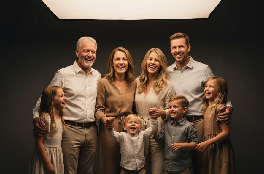 A breathtaking wide shot of a multi-generational family (grandparents, parents, children) laughing genuinely in a modern, naturally lit studio, bathed in warm, soft light, symbolising Croydon North studio photography timeless family heirlooms being created. The family is dressed in coordinated, elegant neutral tones, creating a harmonious and joyful 'epic moment'.
