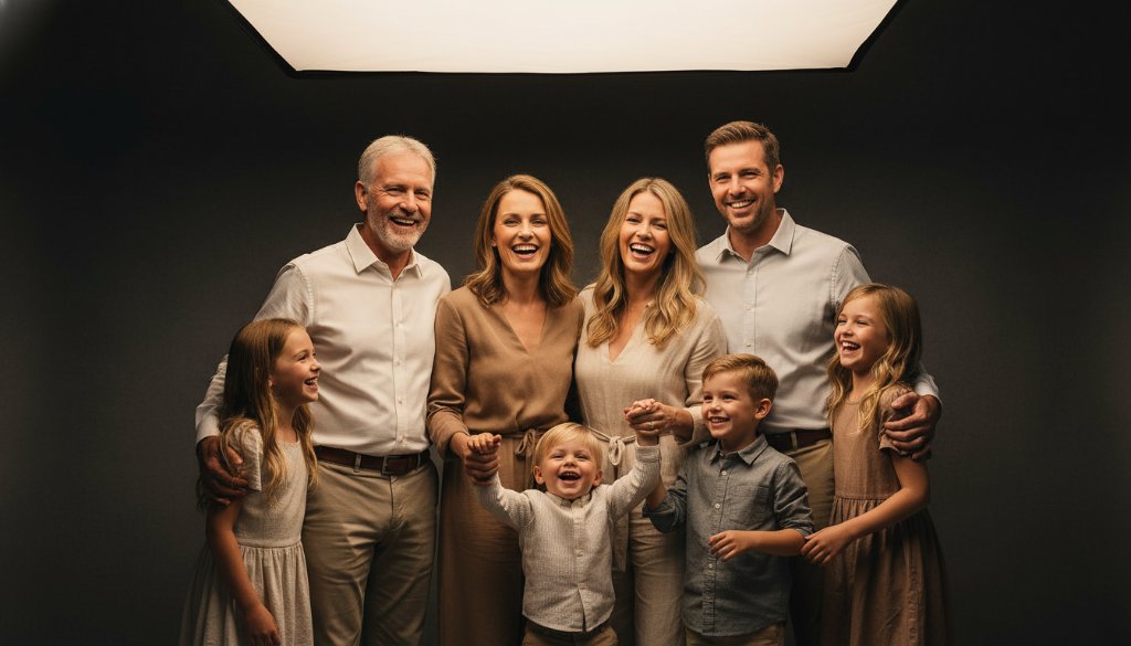 A breathtaking wide shot of a multi-generational family (grandparents, parents, children) laughing genuinely in a modern, naturally lit studio, bathed in warm, soft light, symbolising Croydon North studio photography timeless family heirlooms being created. The family is dressed in coordinated, elegant neutral tones, creating a harmonious and joyful 'epic moment'.