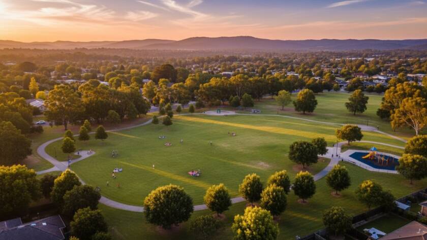 Dramatic aerial shot of a family enjoying a vibrant sunset picnic at the Croydon North Reserve, showcasing the stunning natural beauty of the area through Croydon North Victoria drone photography for unparalleled perspectives, with golden light illuminating the scene and distant Dandenong Ranges.