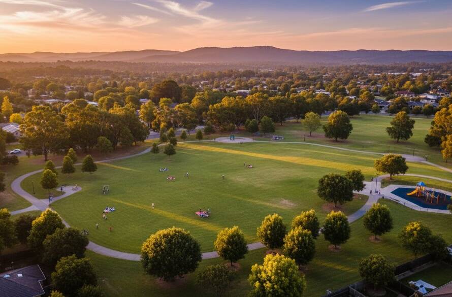 Dramatic aerial shot of a family enjoying a vibrant sunset picnic at the Croydon North Reserve, showcasing the stunning natural beauty of the area through Croydon North Victoria drone photography for unparalleled perspectives, with golden light illuminating the scene and distant Dandenong Ranges.