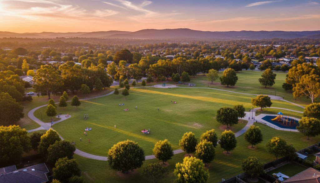 Dramatic aerial shot of a family enjoying a vibrant sunset picnic at the Croydon North Reserve, showcasing the stunning natural beauty of the area through Croydon North Victoria drone photography for unparalleled perspectives, with golden light illuminating the scene and distant Dandenong Ranges.