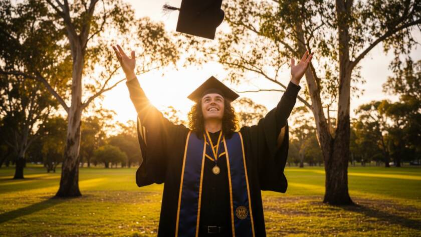 A proud graduate in their cap and gown, beaming with joy and holding their degree certificate high against a backdrop of a beautiful, sun-drenched park in Croydon North, Victoria, celebrating their Croydon North Victoria Graduation Photography Memories with professional, cinematic lighting.