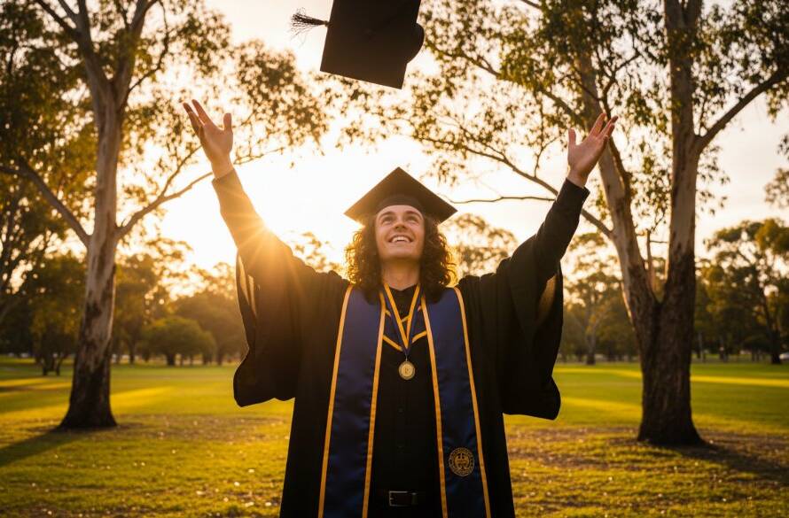 A proud graduate in their cap and gown, beaming with joy and holding their degree certificate high against a backdrop of a beautiful, sun-drenched park in Croydon North, Victoria, celebrating their Croydon North Victoria Graduation Photography Memories with professional, cinematic lighting.