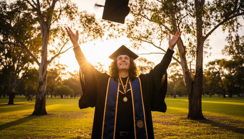 A proud graduate in their cap and gown, beaming with joy and holding their degree certificate high against a backdrop of a beautiful, sun-drenched park in Croydon North, Victoria, celebrating their Croydon North Victoria Graduation Photography Memories with professional, cinematic lighting.