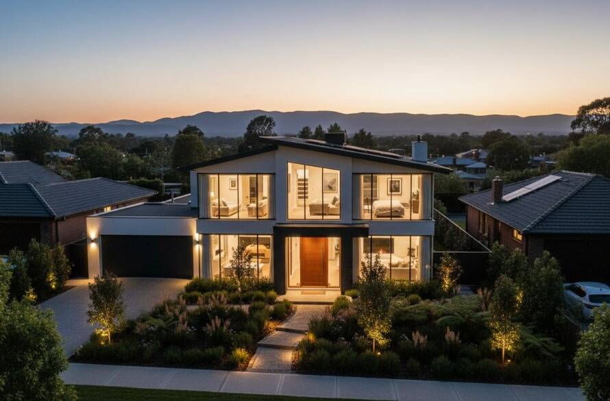 An aerial, cinematic shot of a modern family home in Croydon, Victoria at dusk, with warm interior lights glowing, surrounded by lush green gardens and distant Dandenong Ranges, illustrating the impactful results of Croydon Real Estate Photography Elevate Property Sales.
