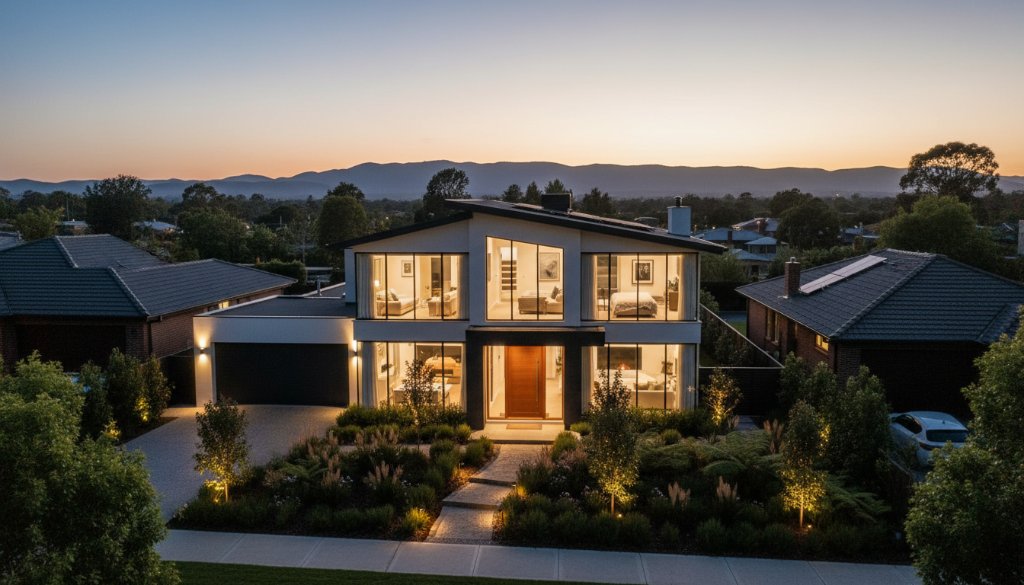 An aerial, cinematic shot of a modern family home in Croydon, Victoria at dusk, with warm interior lights glowing, surrounded by lush green gardens and distant Dandenong Ranges, illustrating the impactful results of Croydon Real Estate Photography Elevate Property Sales.