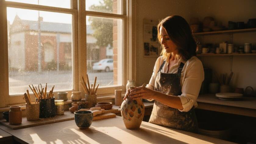 Dynamic wide-angle shot featuring a local Croydon South business owner proudly showcasing their artisanal product, lit dramatically by a vibrant sunset, captured by professional Croydon South advertising photography for local businesses.