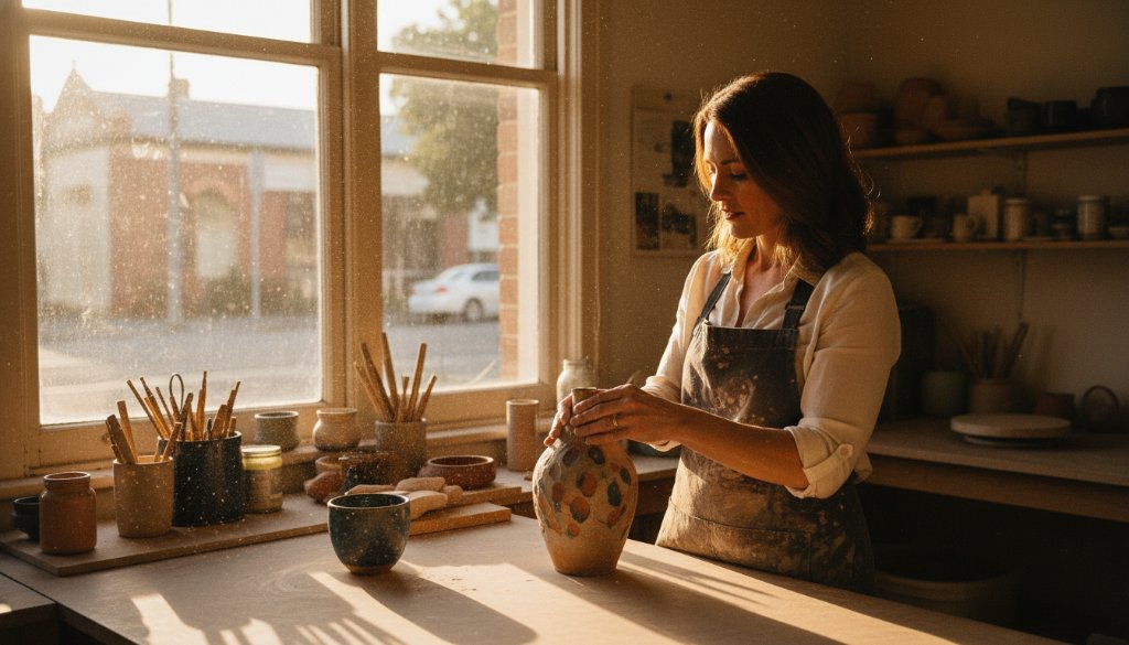 Dynamic wide-angle shot featuring a local Croydon South business owner proudly showcasing their artisanal product, lit dramatically by a vibrant sunset, captured by professional Croydon South advertising photography for local businesses.