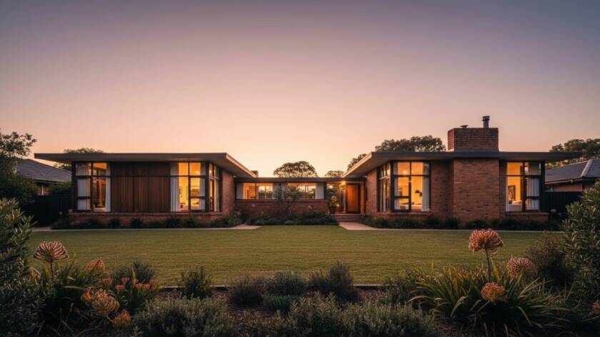 Dramatic wide-angle shot capturing the essence of Croydon South Architectural Photography Heritage, showcasing a beautifully preserved mid-century home at golden hour, with deep shadows and warm light highlighting its unique features and connection to the landscape, creating an epic, cinematic feel.