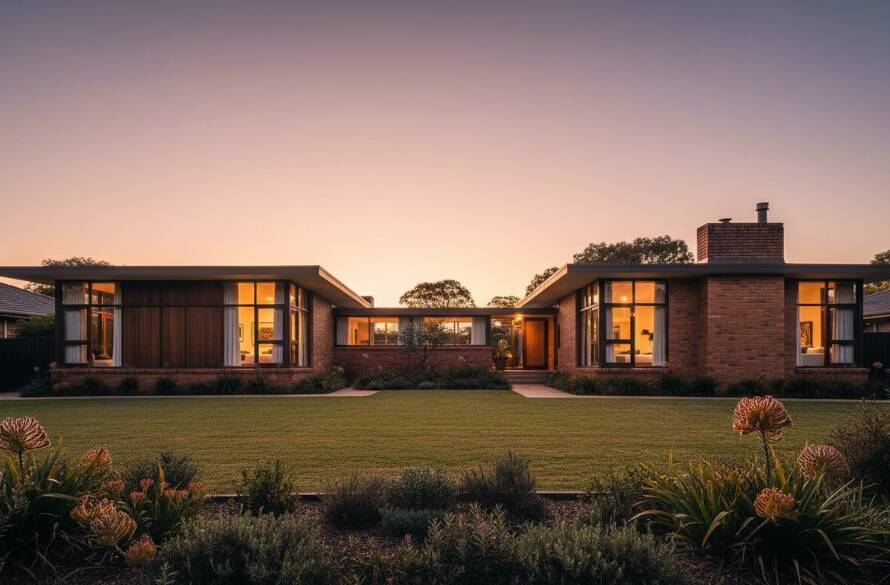 Dramatic wide-angle shot capturing the essence of Croydon South Architectural Photography Heritage, showcasing a beautifully preserved mid-century home at golden hour, with deep shadows and warm light highlighting its unique features and connection to the landscape, creating an epic, cinematic feel.