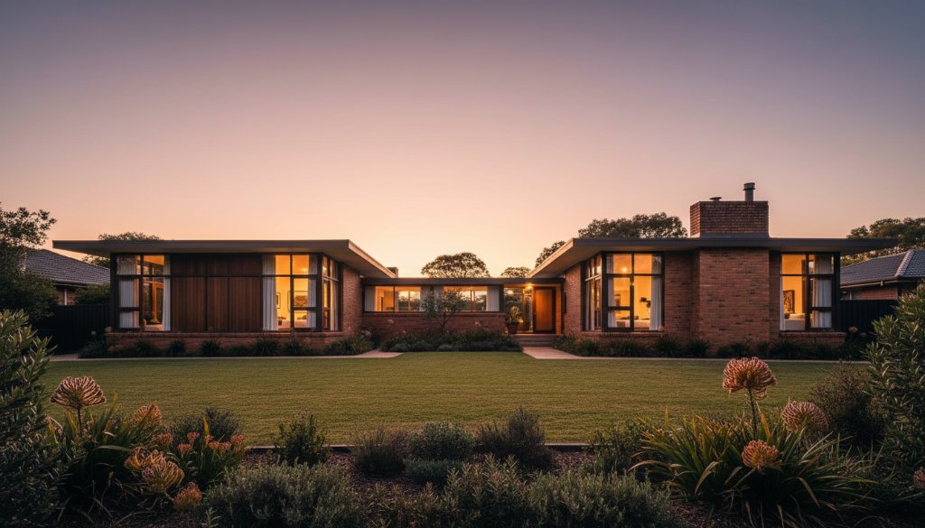 Dramatic wide-angle shot capturing the essence of Croydon South Architectural Photography Heritage, showcasing a beautifully preserved mid-century home at golden hour, with deep shadows and warm light highlighting its unique features and connection to the landscape, creating an epic, cinematic feel.