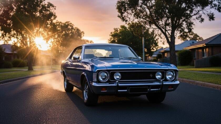 Dramatic shot of a meticulously restored vintage muscle car gleaming under a golden hour sunset in Croydon South, showcasing expert Croydon South Classic Car Automotive Photography by Image by SD, with light streaks and motion blur.