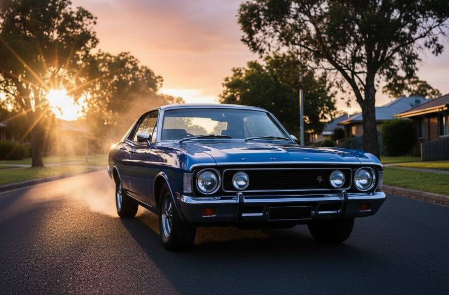 Dramatic shot of a meticulously restored vintage muscle car gleaming under a golden hour sunset in Croydon South, showcasing expert Croydon South Classic Car Automotive Photography by Image by SD, with light streaks and motion blur.