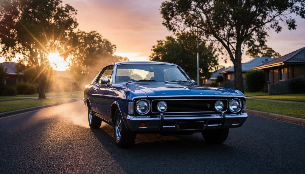 Dramatic shot of a meticulously restored vintage muscle car gleaming under a golden hour sunset in Croydon South, showcasing expert Croydon South Classic Car Automotive Photography by Image by SD, with light streaks and motion blur.