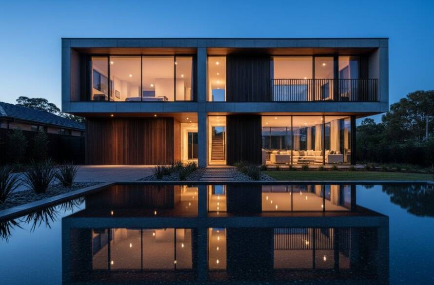 An epic long-exposure shot showcasing intricate textures and clean lines of a modern Croydon South building at twilight, bathed in professional lighting, perfectly capturing Croydon South contemporary architectural details photography.