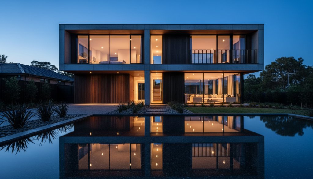 An epic long-exposure shot showcasing intricate textures and clean lines of a modern Croydon South building at twilight, bathed in professional lighting, perfectly capturing Croydon South contemporary architectural details photography.