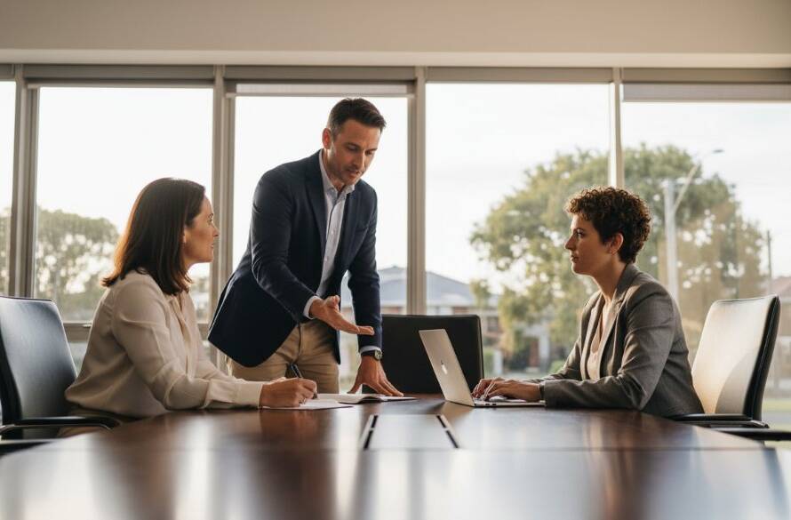 Dynamic wide-angle shot of a confident professional in Croydon South, Victoria, engaging with a client, expertly lit to highlight their poise, representing premium Croydon South Corporate Headshots Victoria services.