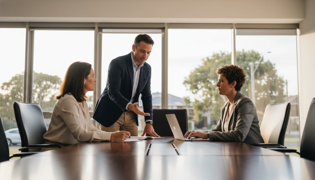 Dynamic wide-angle shot of a confident professional in Croydon South, Victoria, engaging with a client, expertly lit to highlight their poise, representing premium Croydon South Corporate Headshots Victoria services.