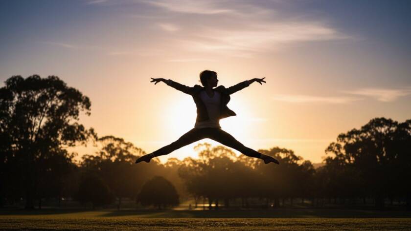 An epic moment captured in Croydon South dance photography dynamic performance, showcasing a dancer mid-air in a powerful, graceful leap against a softly blurred natural backdrop at dusk, conveying immense artistry and strength.