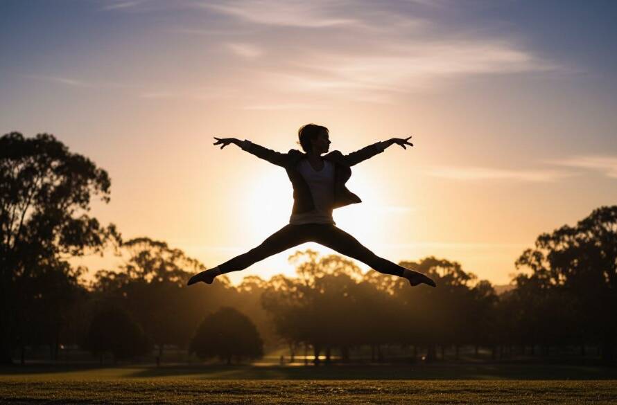 An epic moment captured in Croydon South dance photography dynamic performance, showcasing a dancer mid-air in a powerful, graceful leap against a softly blurred natural backdrop at dusk, conveying immense artistry and strength.