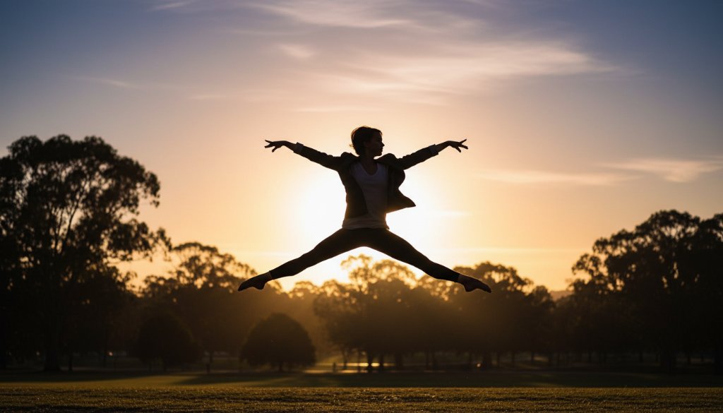An epic moment captured in Croydon South dance photography dynamic performance, showcasing a dancer mid-air in a powerful, graceful leap against a softly blurred natural backdrop at dusk, conveying immense artistry and strength.