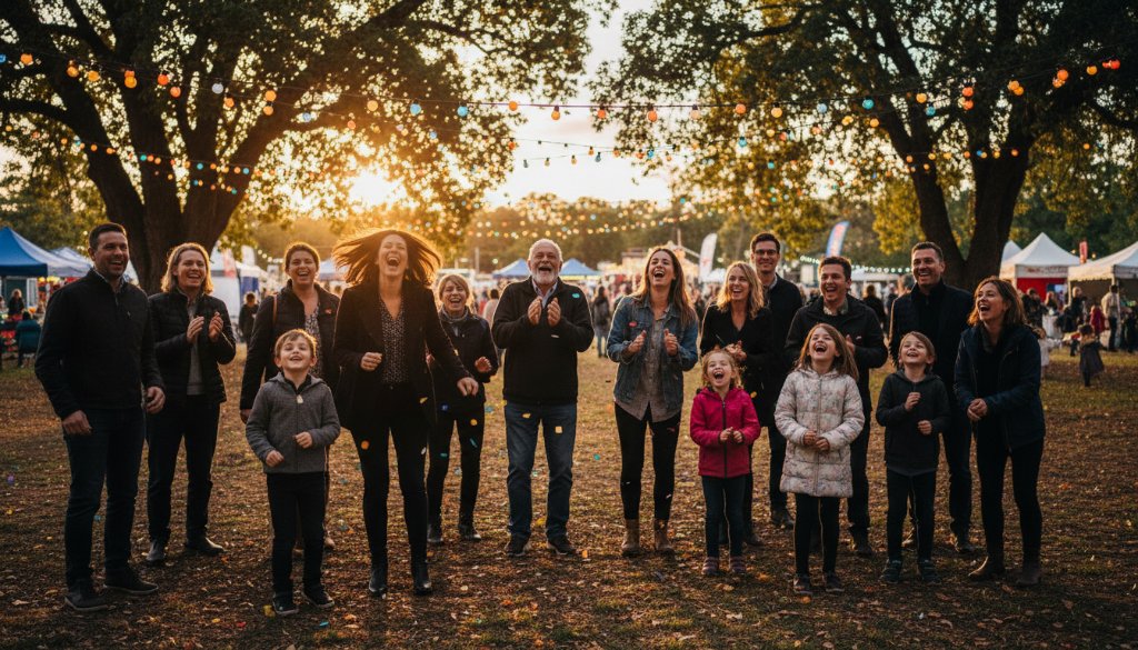 Dramatic shot of guests laughing and cheering at a beautifully lit community festival in Croydon South, perfectly illustrating Croydon South event photography capturing authentic joy and vibrant energy.