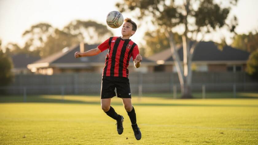 Dynamic action shot of a young athlete scoring a goal on a sunny sports field in Croydon South, perfectly capturing the intensity and joy of junior sports photography action shots.