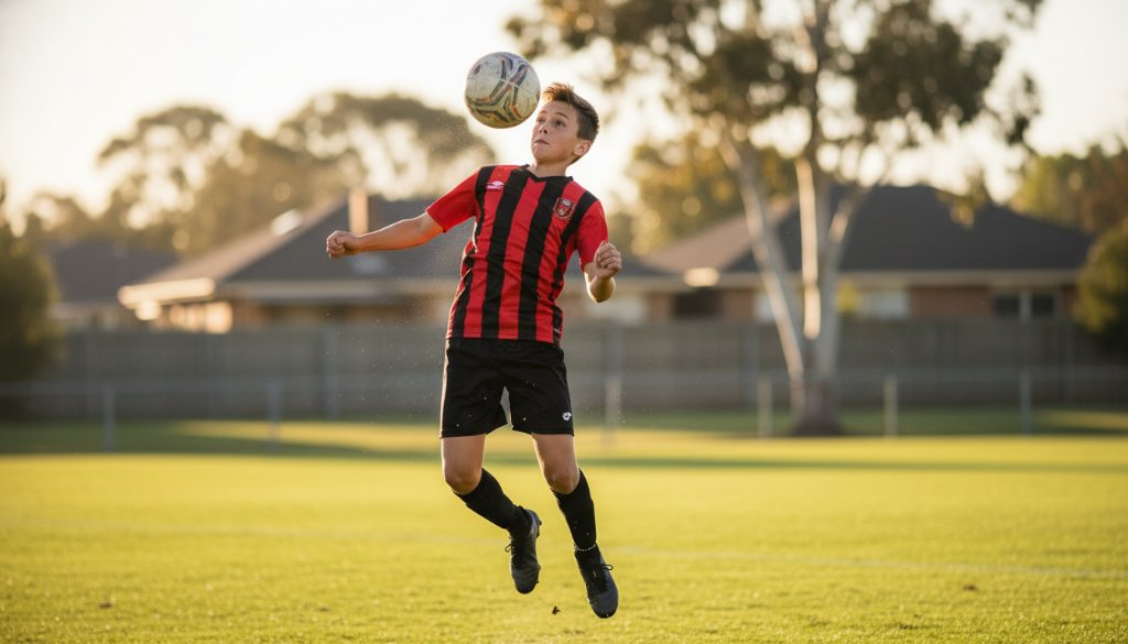Dynamic action shot of a young athlete scoring a goal on a sunny sports field in Croydon South, perfectly capturing the intensity and joy of junior sports photography action shots.