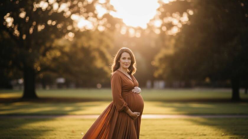 Epic moment of an expectant mother in Croydon South during a natural light maternity photography session, bathed in golden hour glow, cradling her bump with a serene smile, professional cinematic shot.