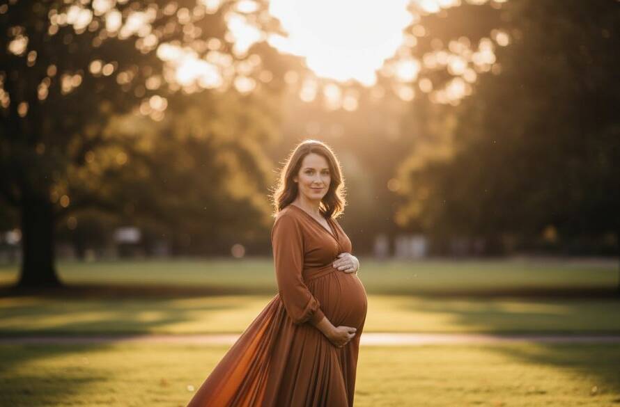 Epic moment of an expectant mother in Croydon South during a natural light maternity photography session, bathed in golden hour glow, cradling her bump with a serene smile, professional cinematic shot.