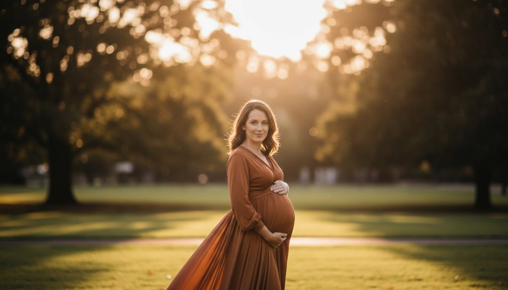 Epic moment of an expectant mother in Croydon South during a natural light maternity photography session, bathed in golden hour glow, cradling her bump with a serene smile, professional cinematic shot.