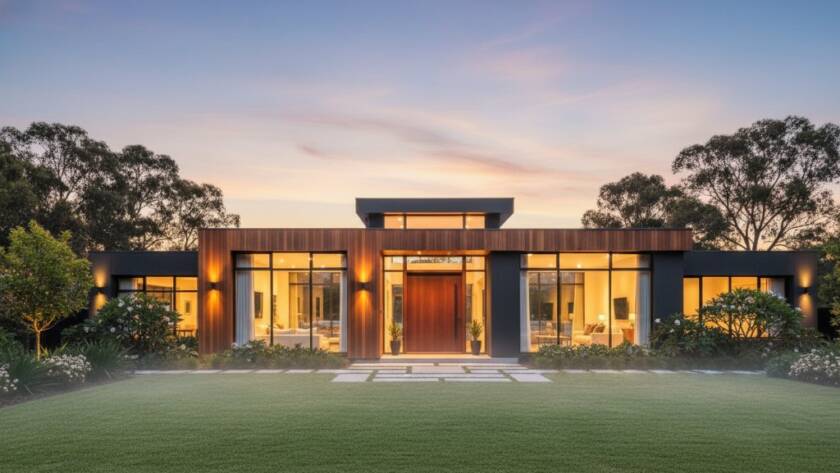 An epic moment captured in Croydon South: a stunning, professionally photographed modern family home at dusk, with warm interior lights glowing, a beautifully manicured garden, and a clear twilight sky overhead. The composition emphasizes the welcoming feel, perfect for Croydon South property listings professional photography.